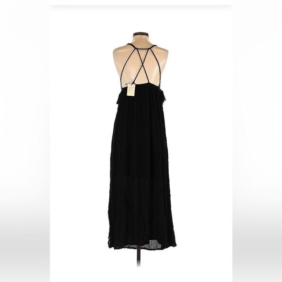 Raga Dominca Black Tassel Maxi Gauze Boho Dress With Gold Beaded Bodice Sz S - Picture 3 of 12